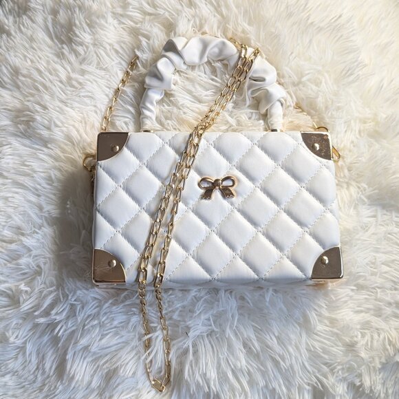 New White Quilted Vegan Leather Mini Trunk Handbag - Convertible Crossbody - Picture 2 of 9